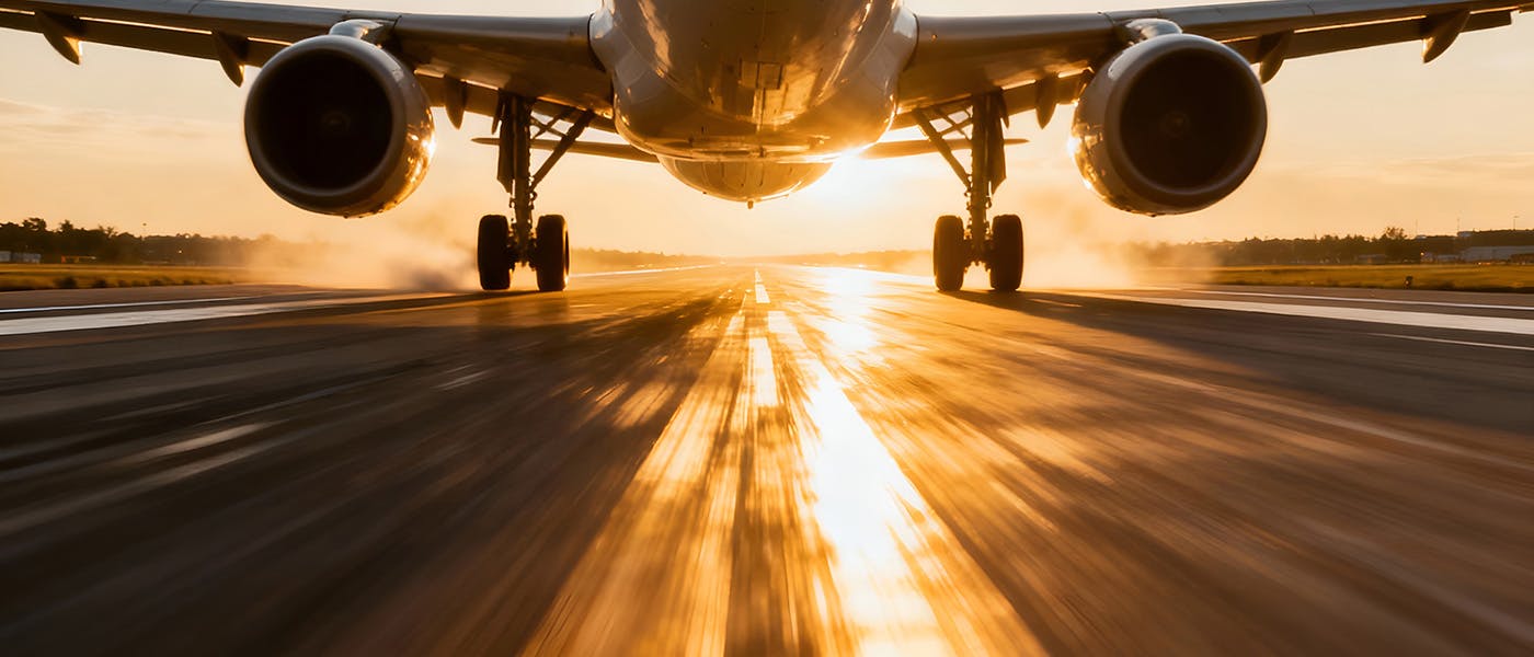 An aeroplane accelerating down the runway, about to take off