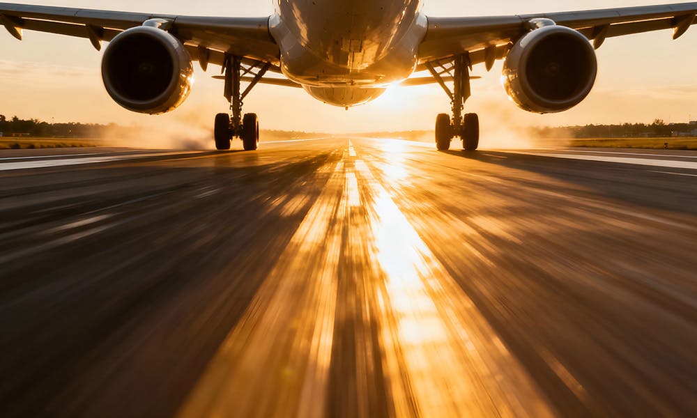An aeroplane accelerating down the runway, about to take off