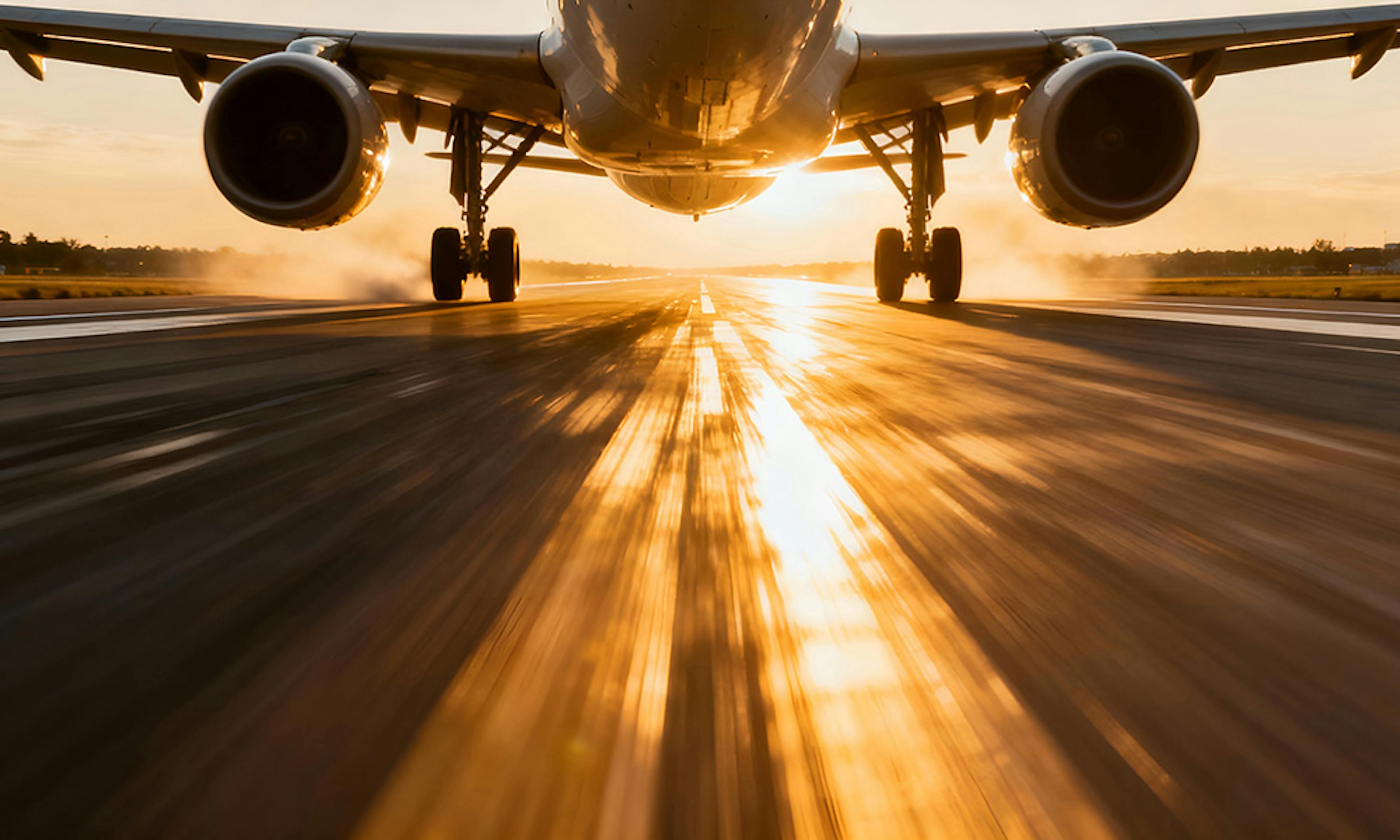 An aeroplane accelerating down the runway, about to take off