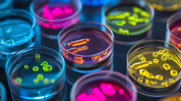 Colourful petri dishes on a dark background
