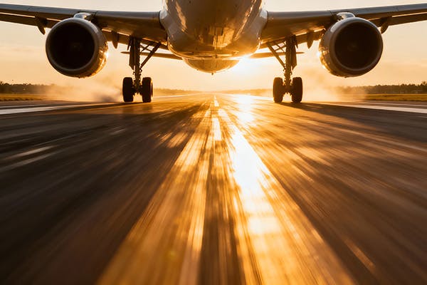 A plane speeding towards the camera along a runway with a low sun behind it.