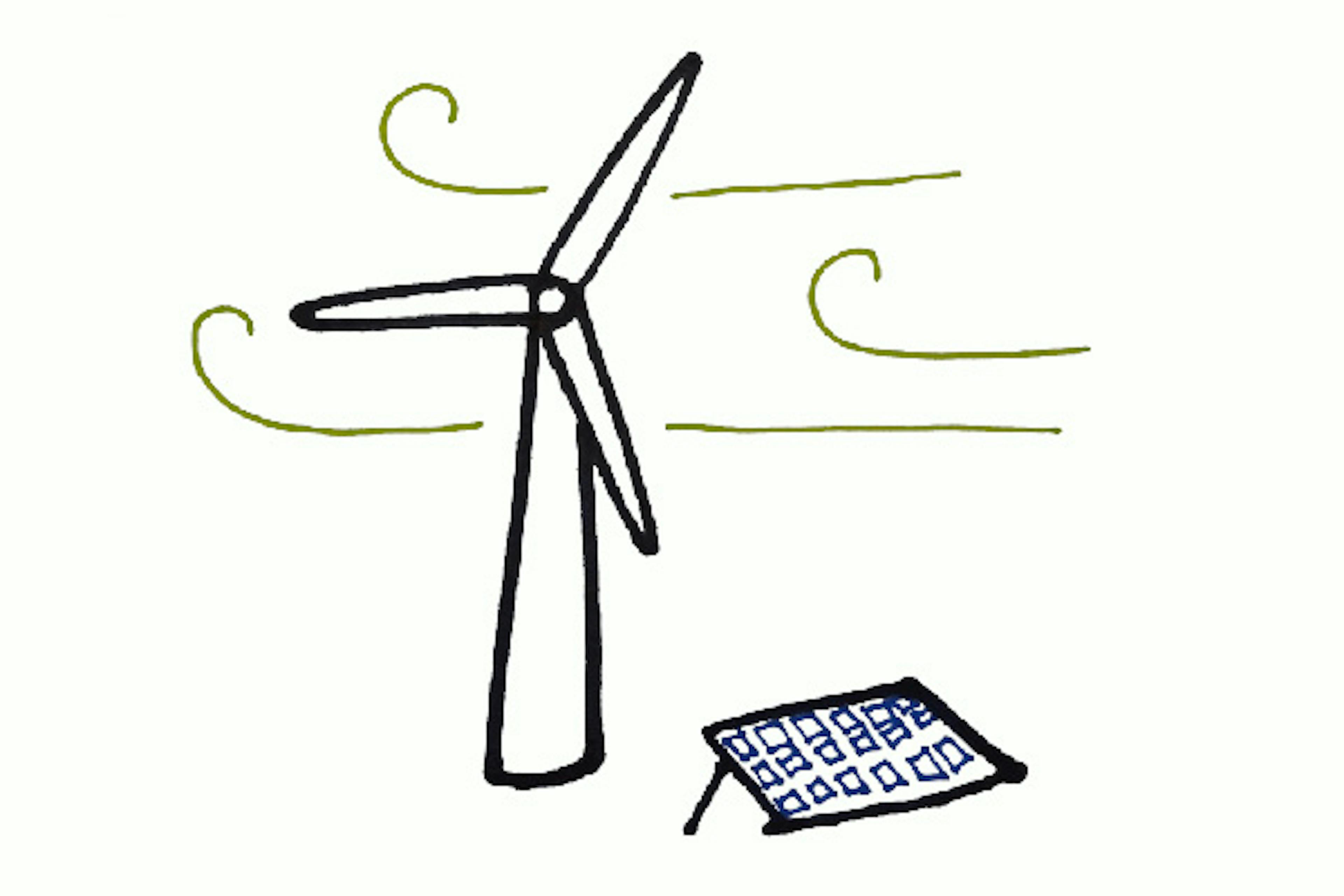 Rough sketch of a wind turbine and a solar farm