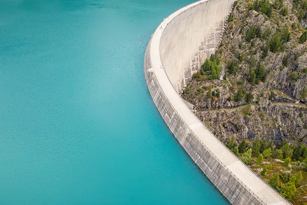 Aerial panoramic view of Emosson Dam and Lake in the Swiss Alps