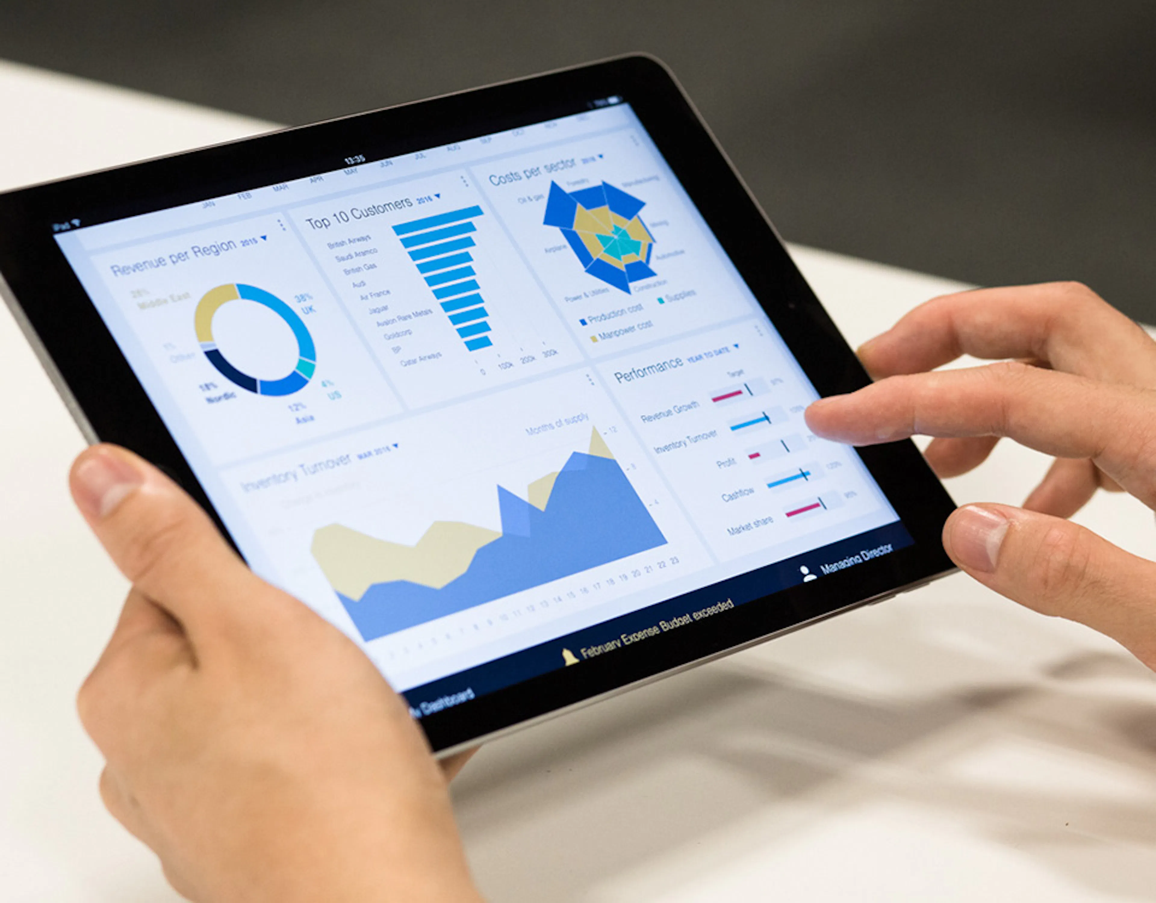 A person holding a tablet computer displaying a dashboard of charts