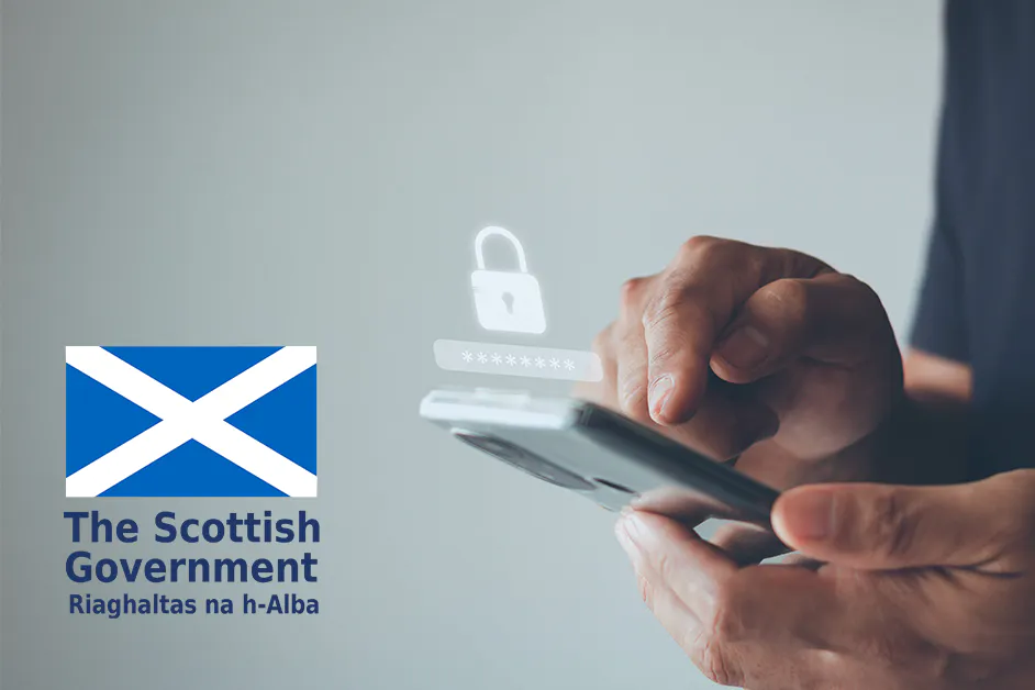 Image of the Scottish flag and a person holding a mobile device