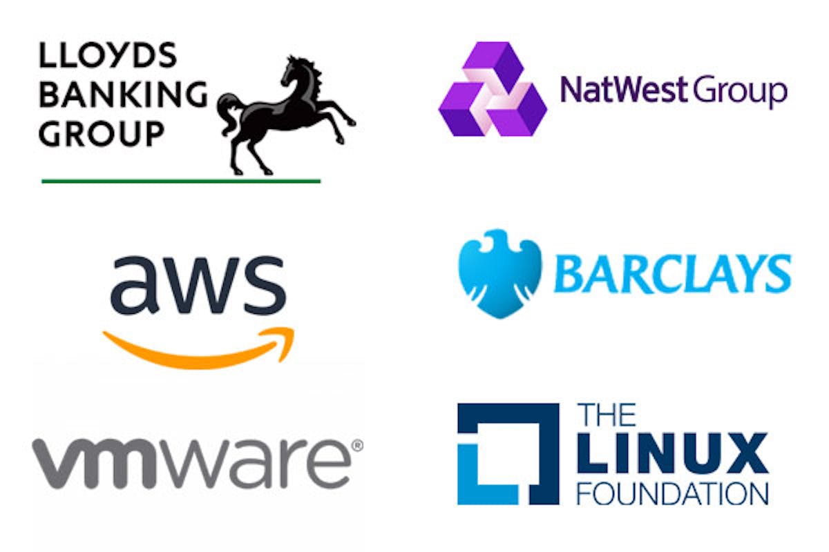 Logos of Lloyds Banking Group, Amazon Web Services, VMware, NatWest Group, Barclays and The Linux Foundation