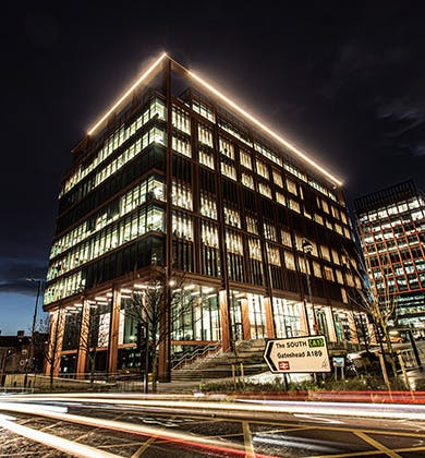 Night view of Scott Logic's HQ at the Lumen, Newcastle Helix