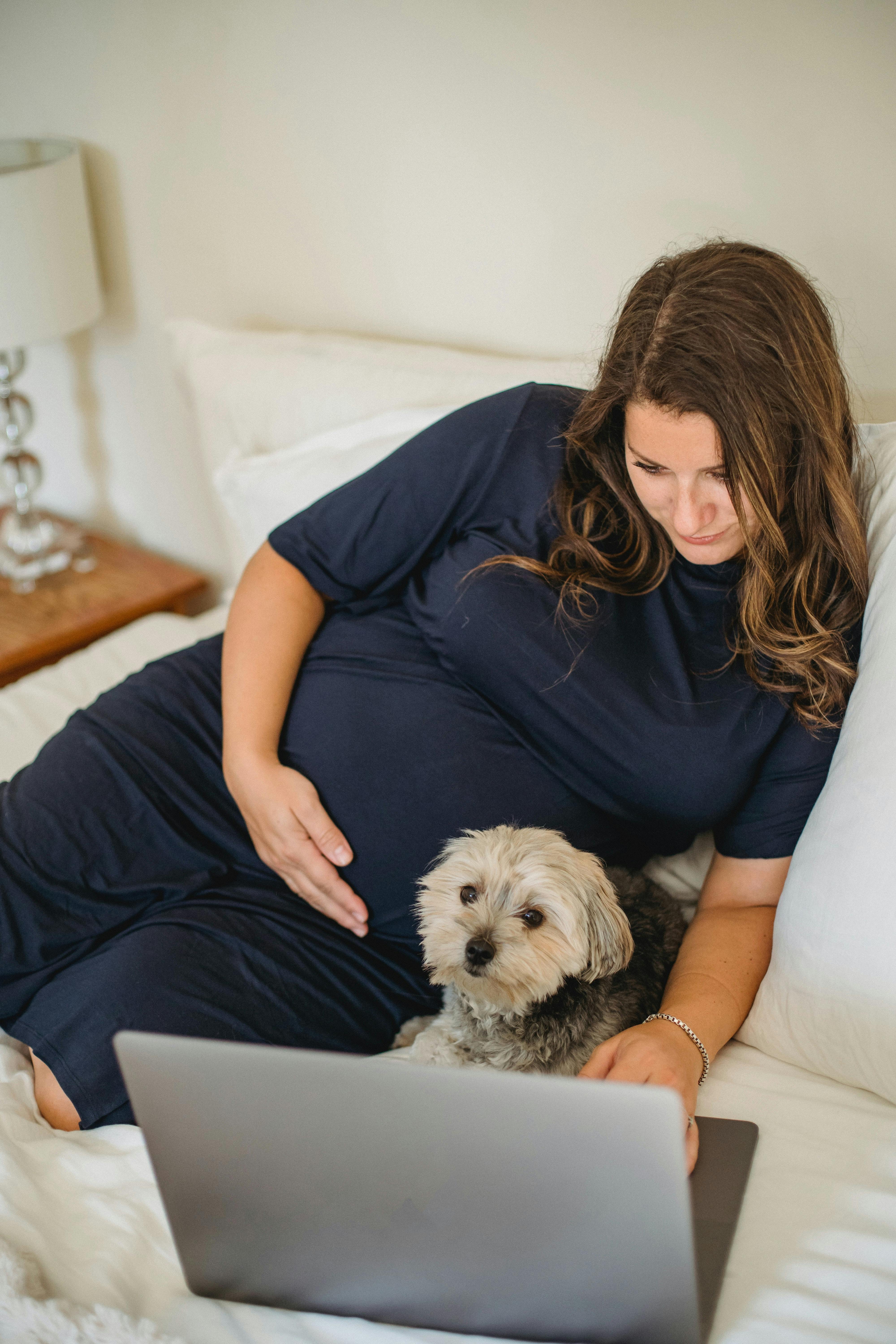 A pregnant woman works on her computer with her yorkie in her arms