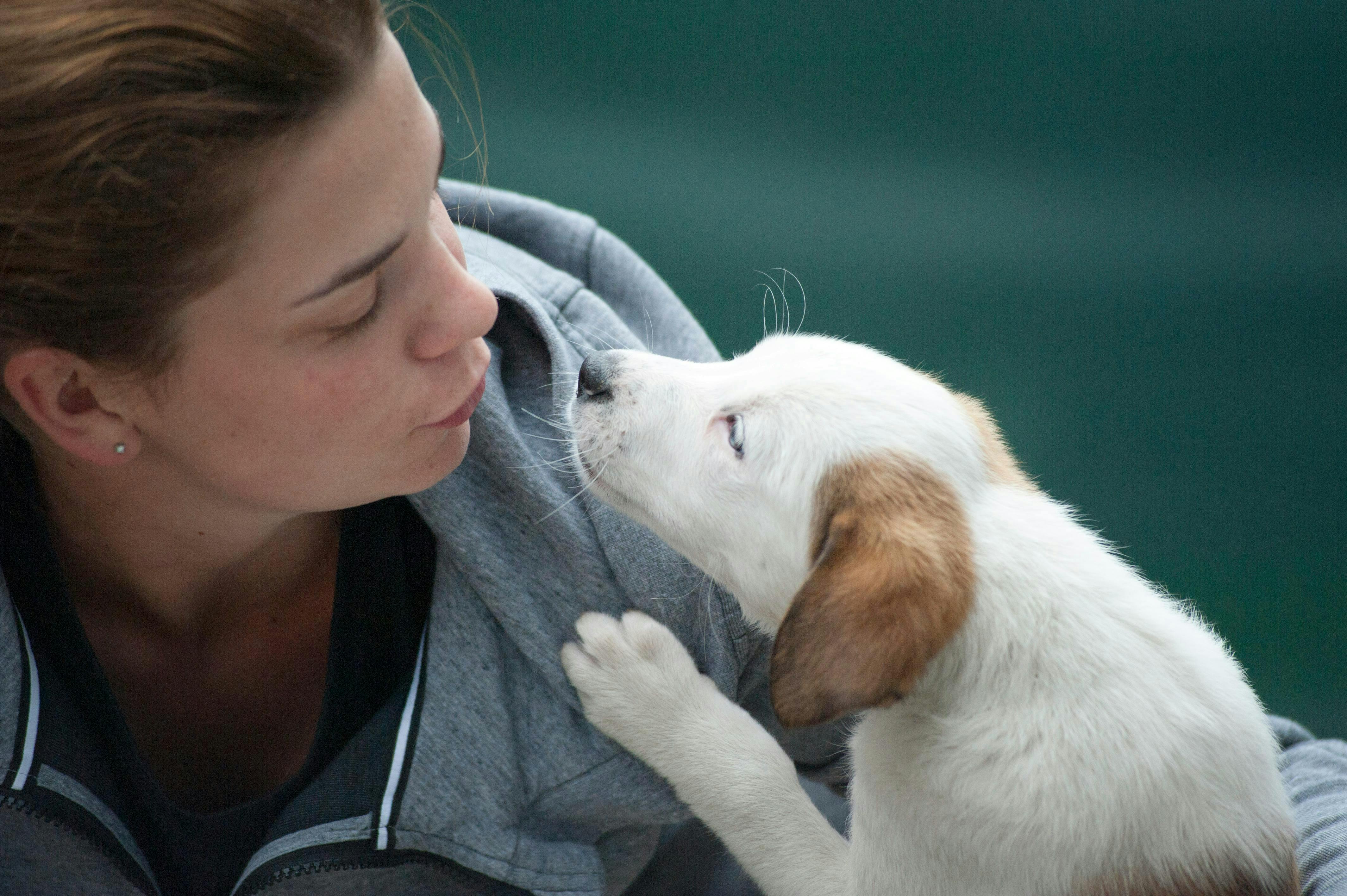 A woman makes a kissy face at a white puppy sniffing her face