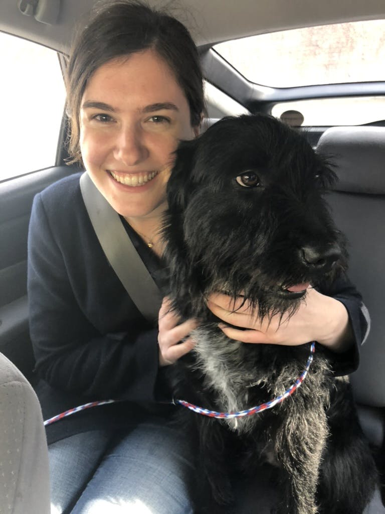 A woman hugs a black dog in the back of a car