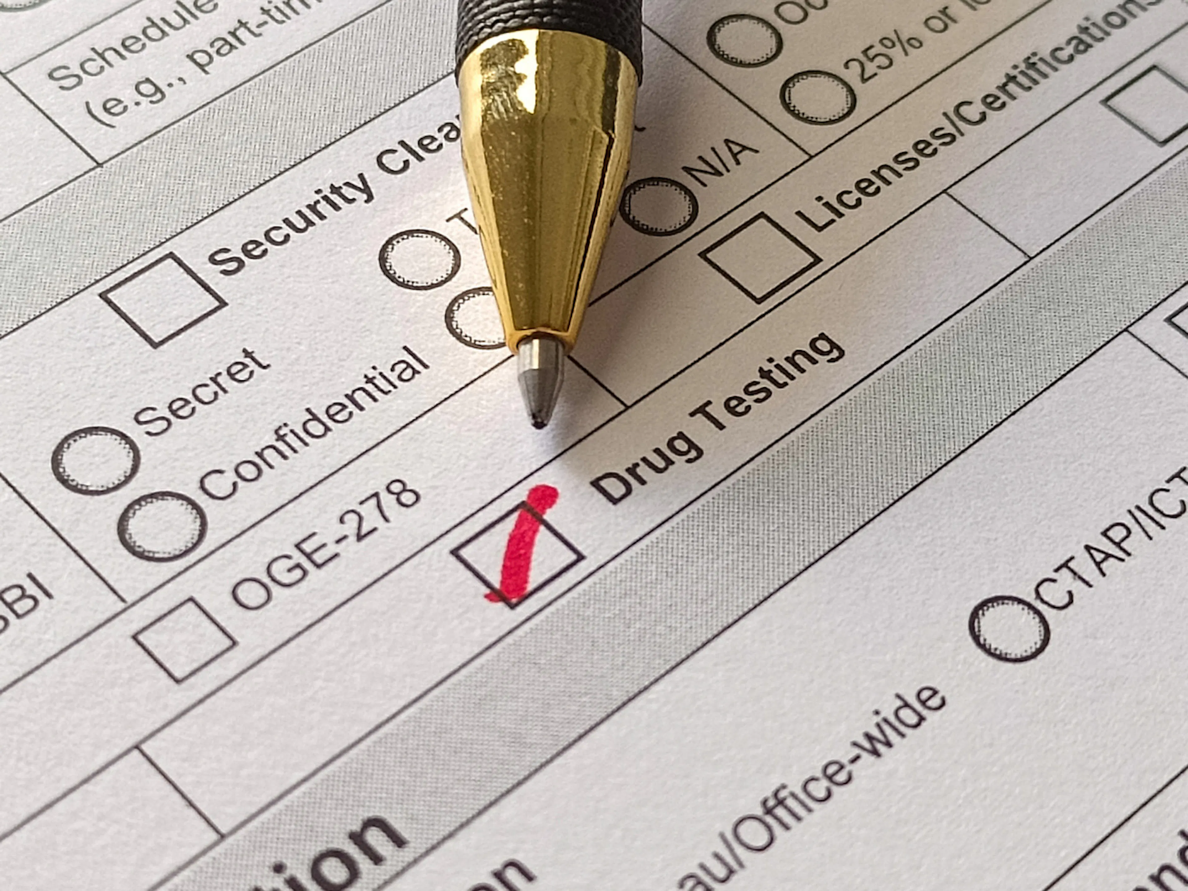 employment form with the box checked next to drug testing
