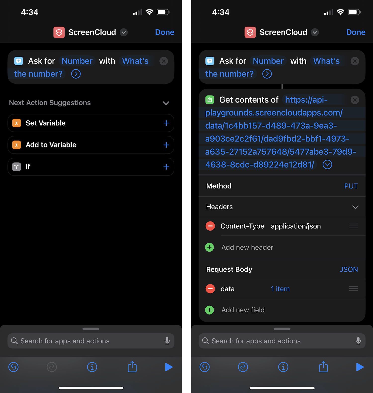 Screenshot of setting up Siri with Apple Shortcuts to send data to a Webhooks URL