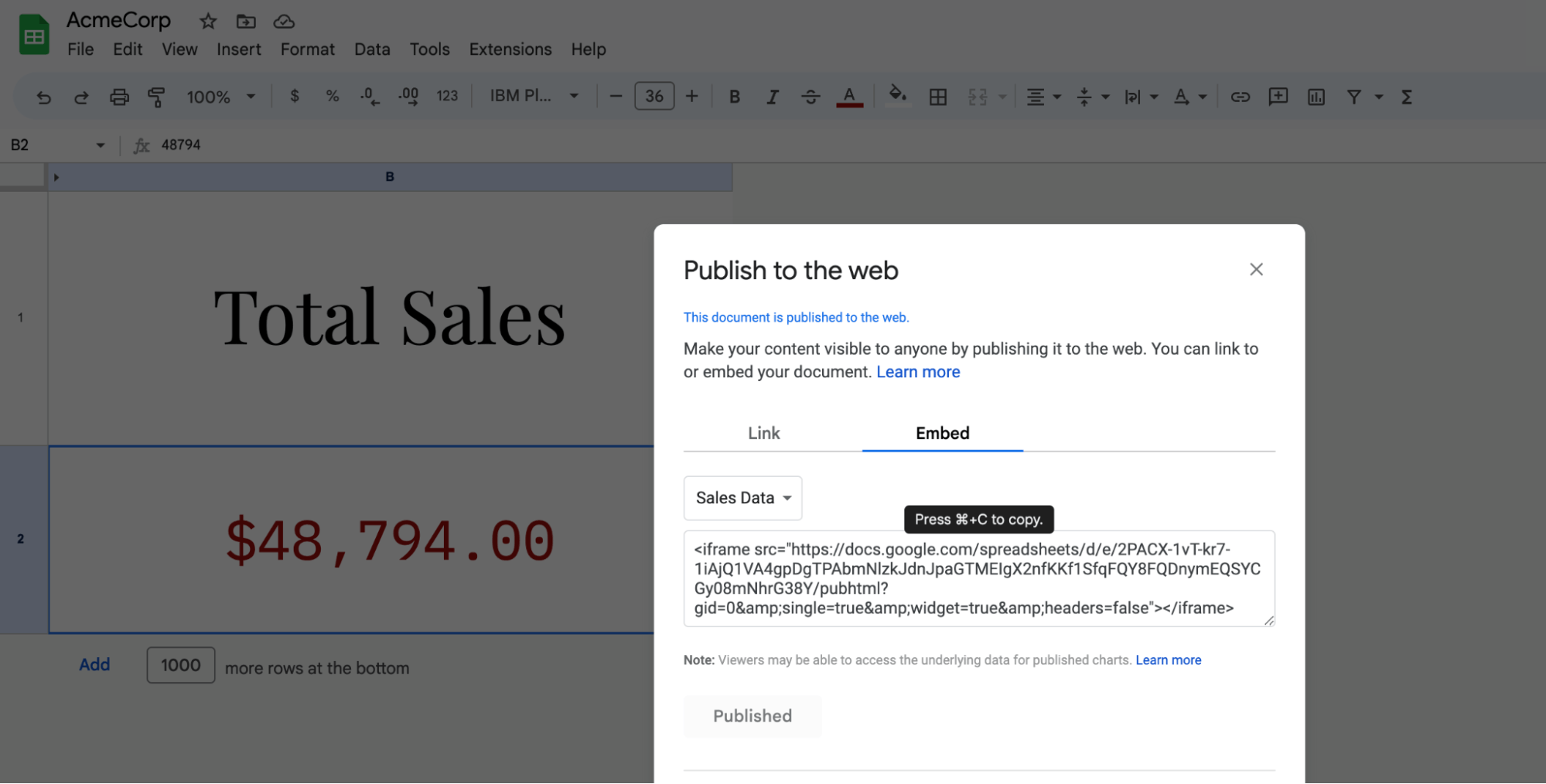 Publish a Google Sheets spreadsheet to the web to embed it in sites, apps, and digital signage