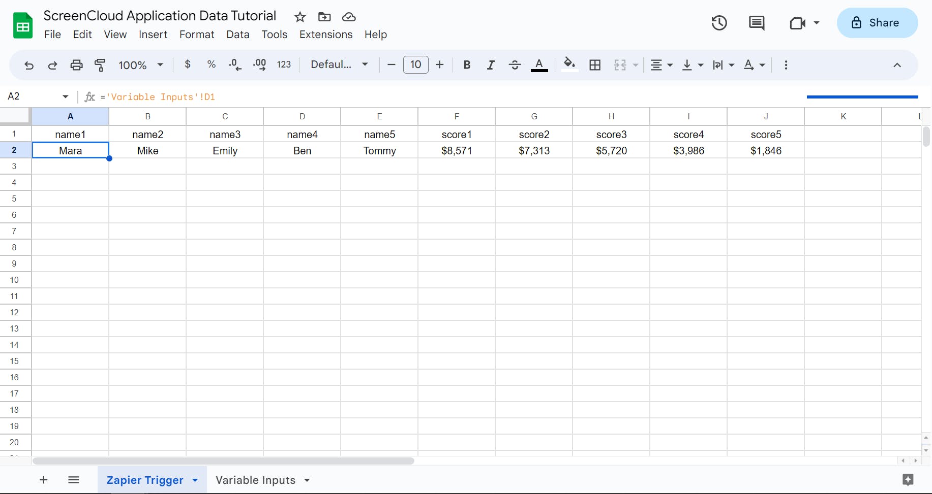 A screenshot of a spreadsheet for sending application data for ScreenCloud Playgrounds