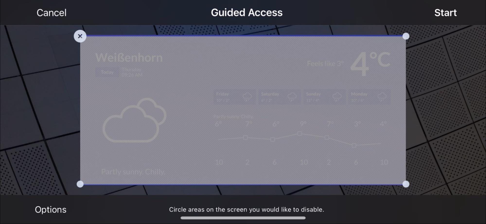 Select the area of your iOS touch screen to enable or disable with Guided Access