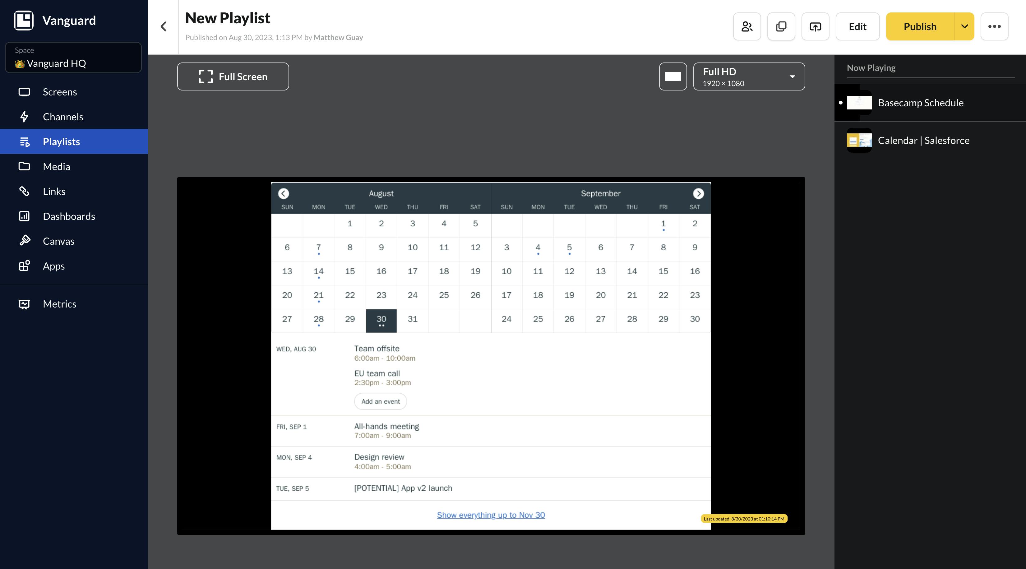 Basecamp Calendar on ScreenCloud digital signage
