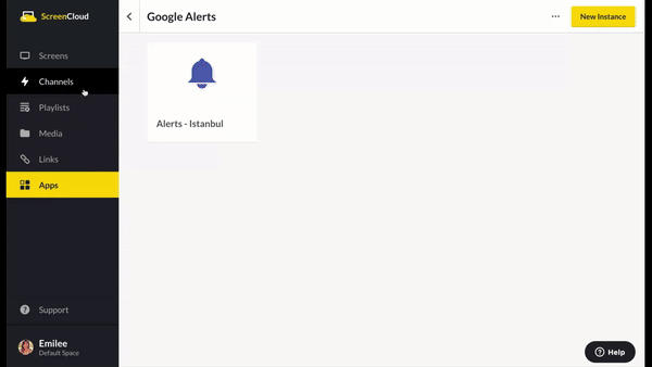 add google alerts app to a screencloud channel