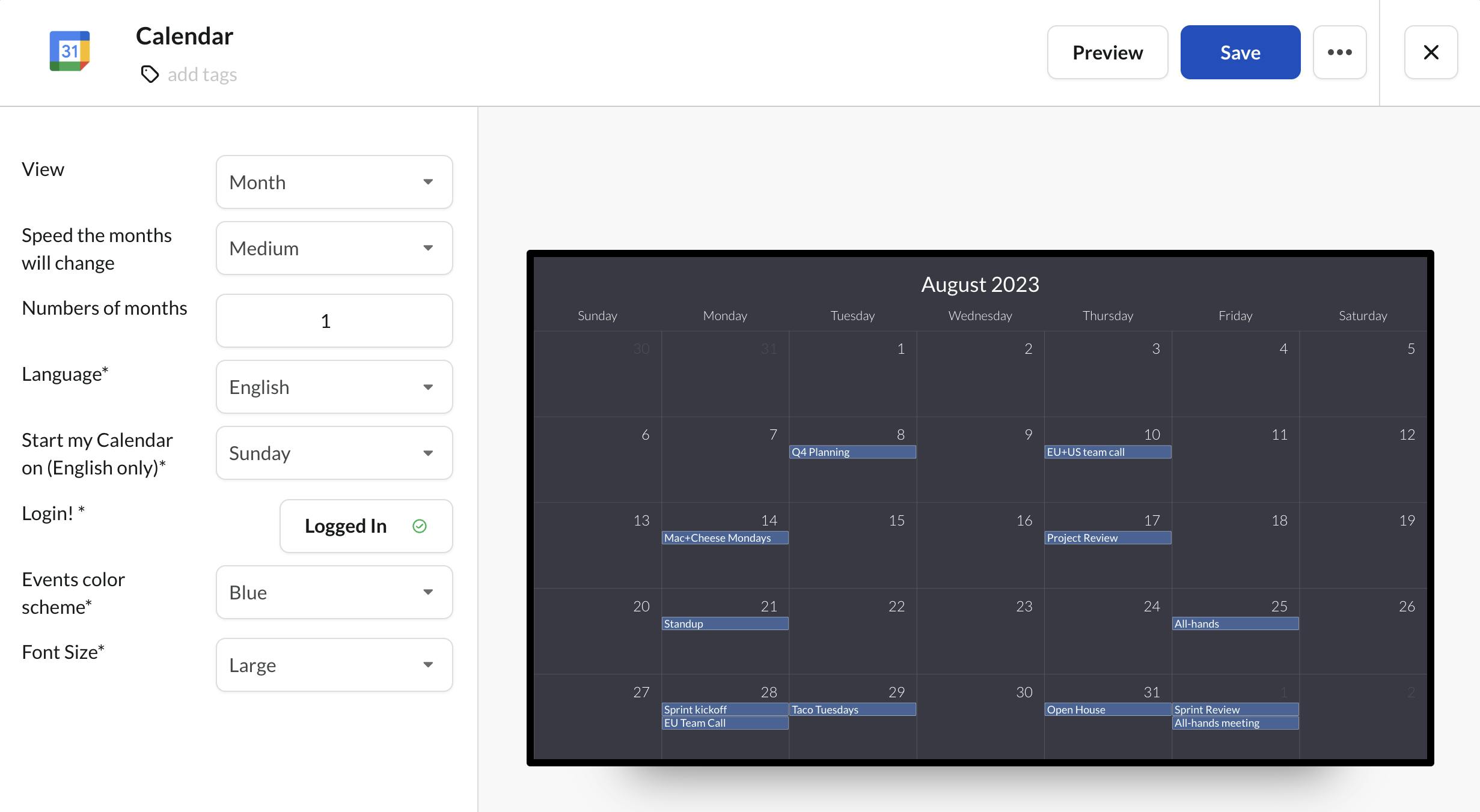 Google Calendar widget on digital signage