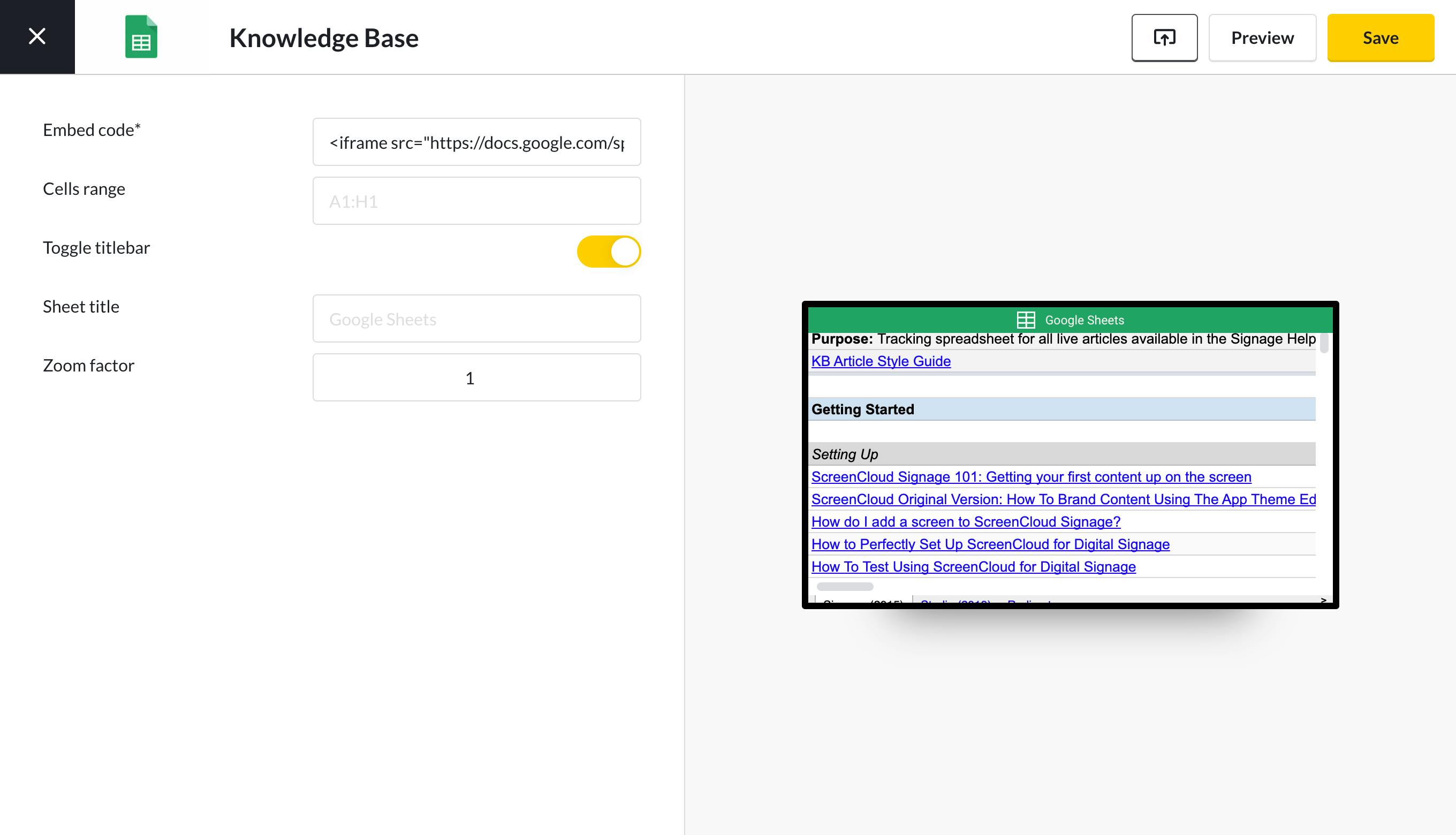 screencloud google sheets app settings