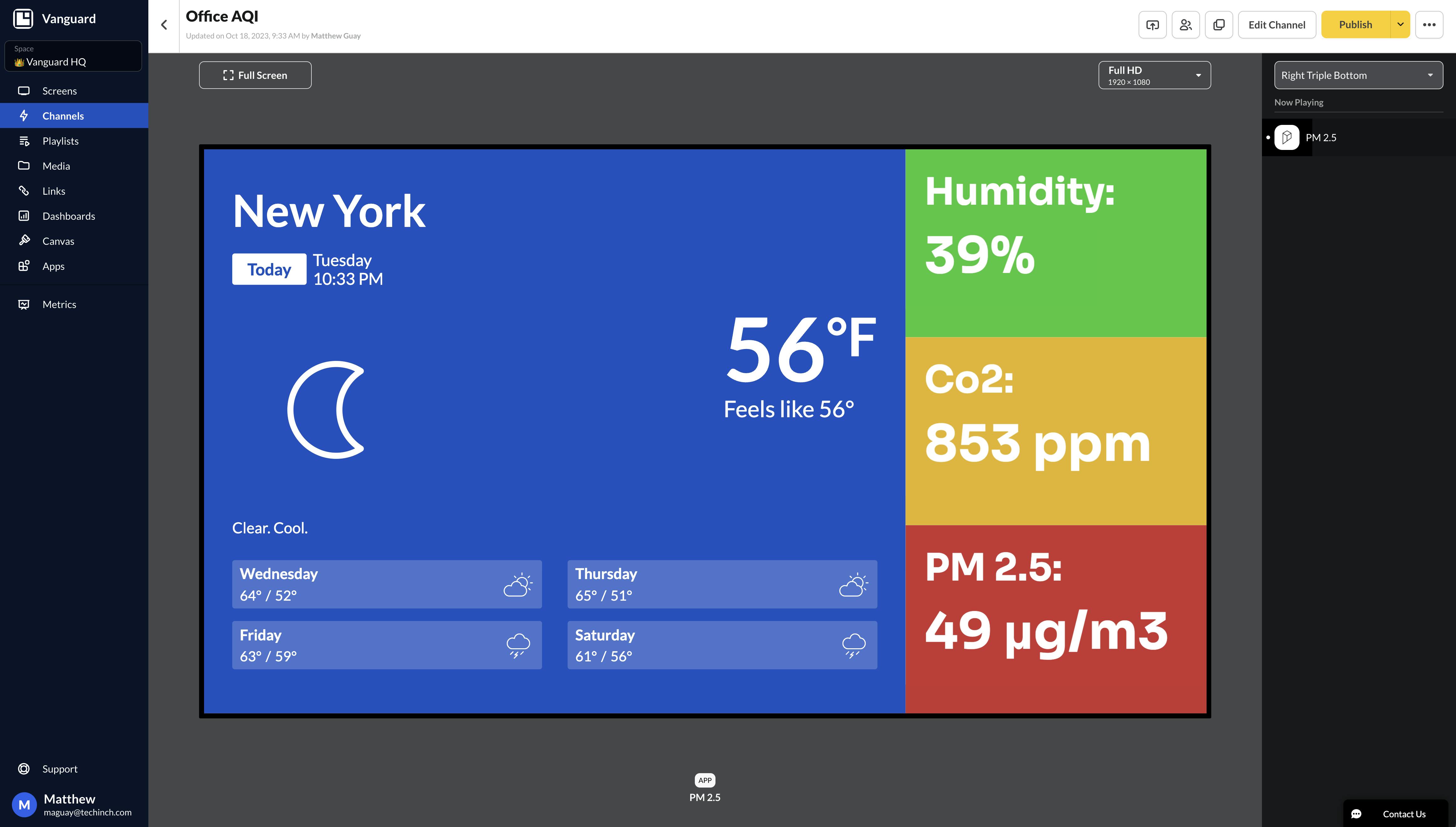 Office air quality signage built with ScreenCloud and IoT sensors