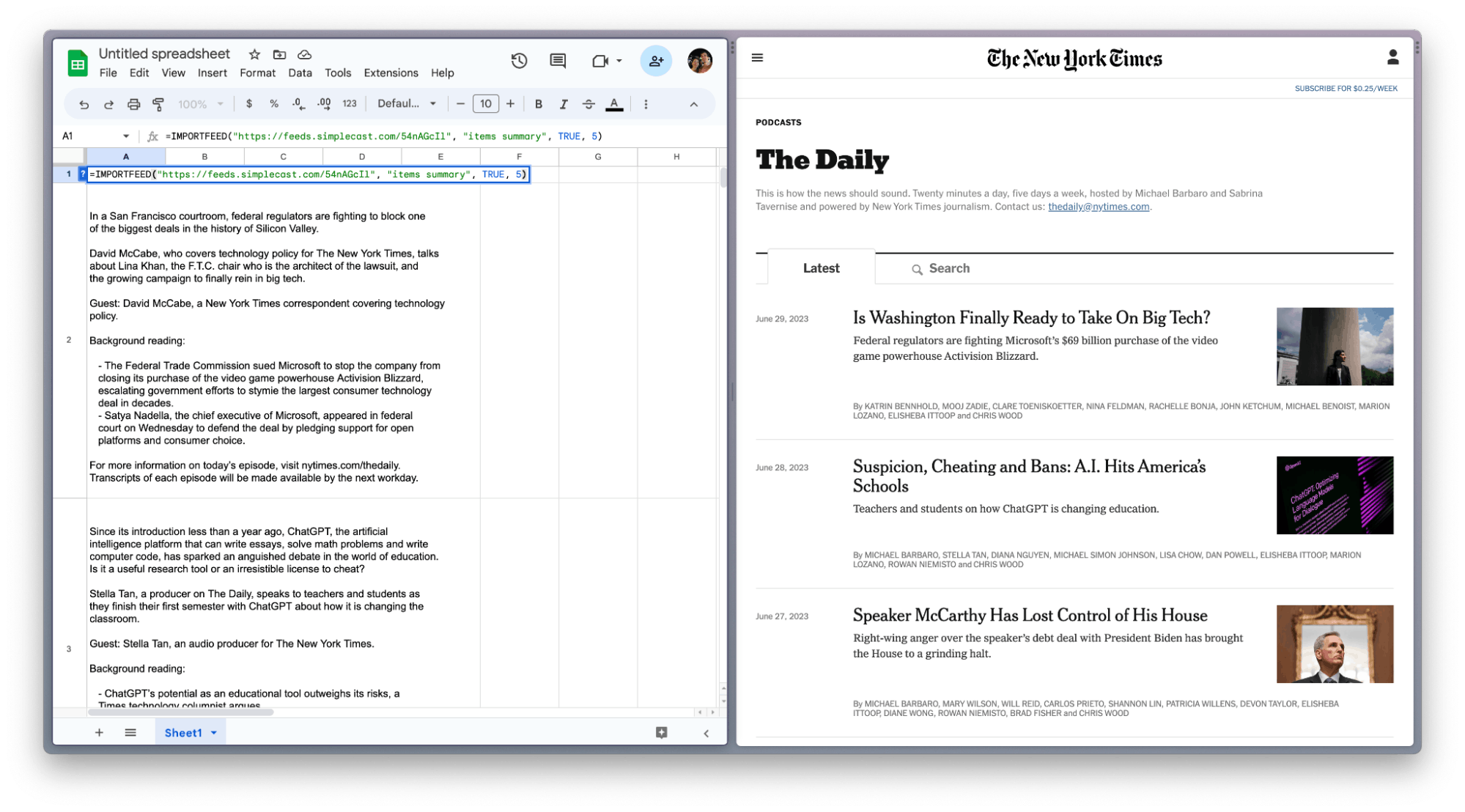 Scrape an RSS or podcast feed with the Google Sheets IMPORTFEED function