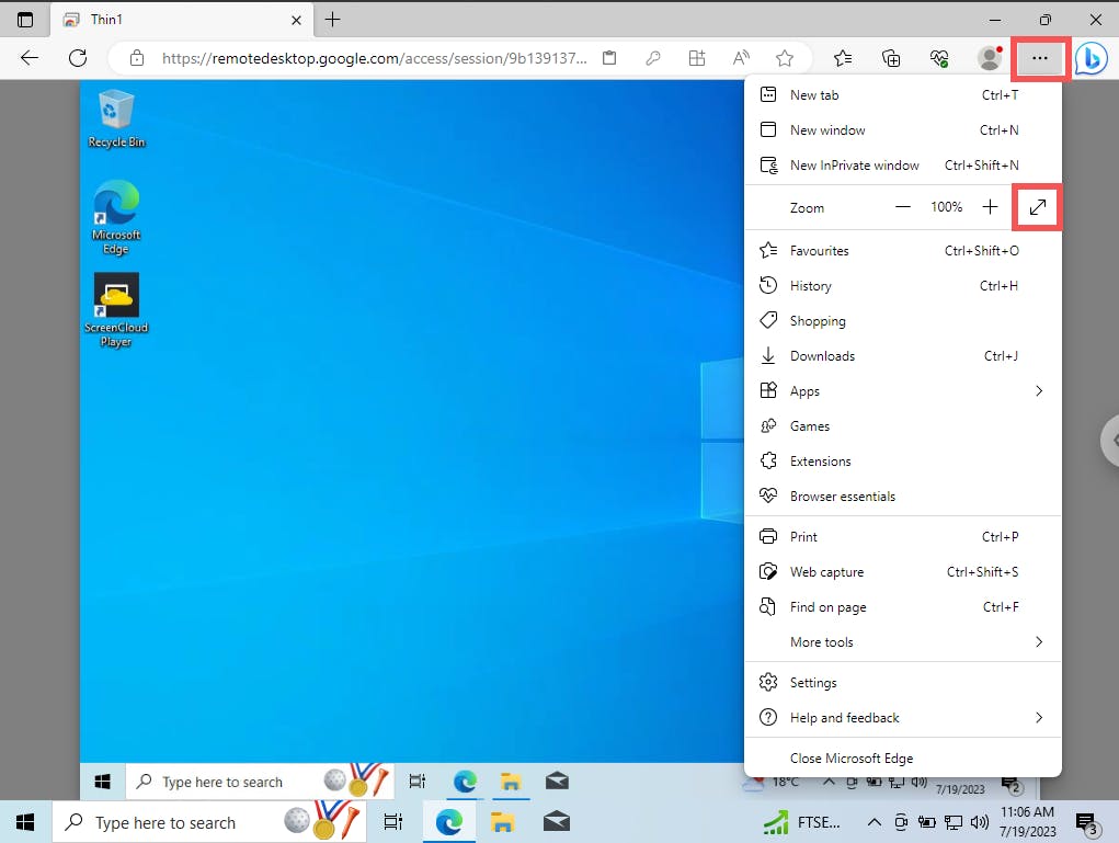 Accessing Windows from a virtual machine in a thin client