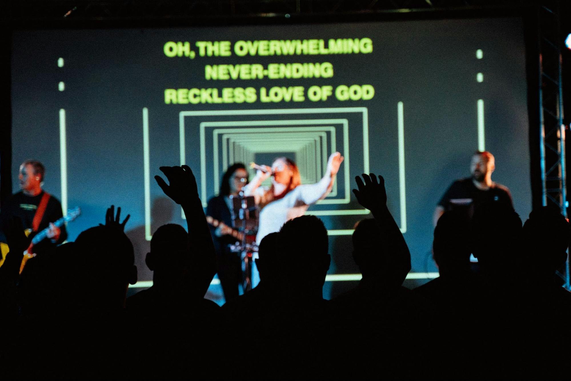 Church LED video wall showing song lyrics