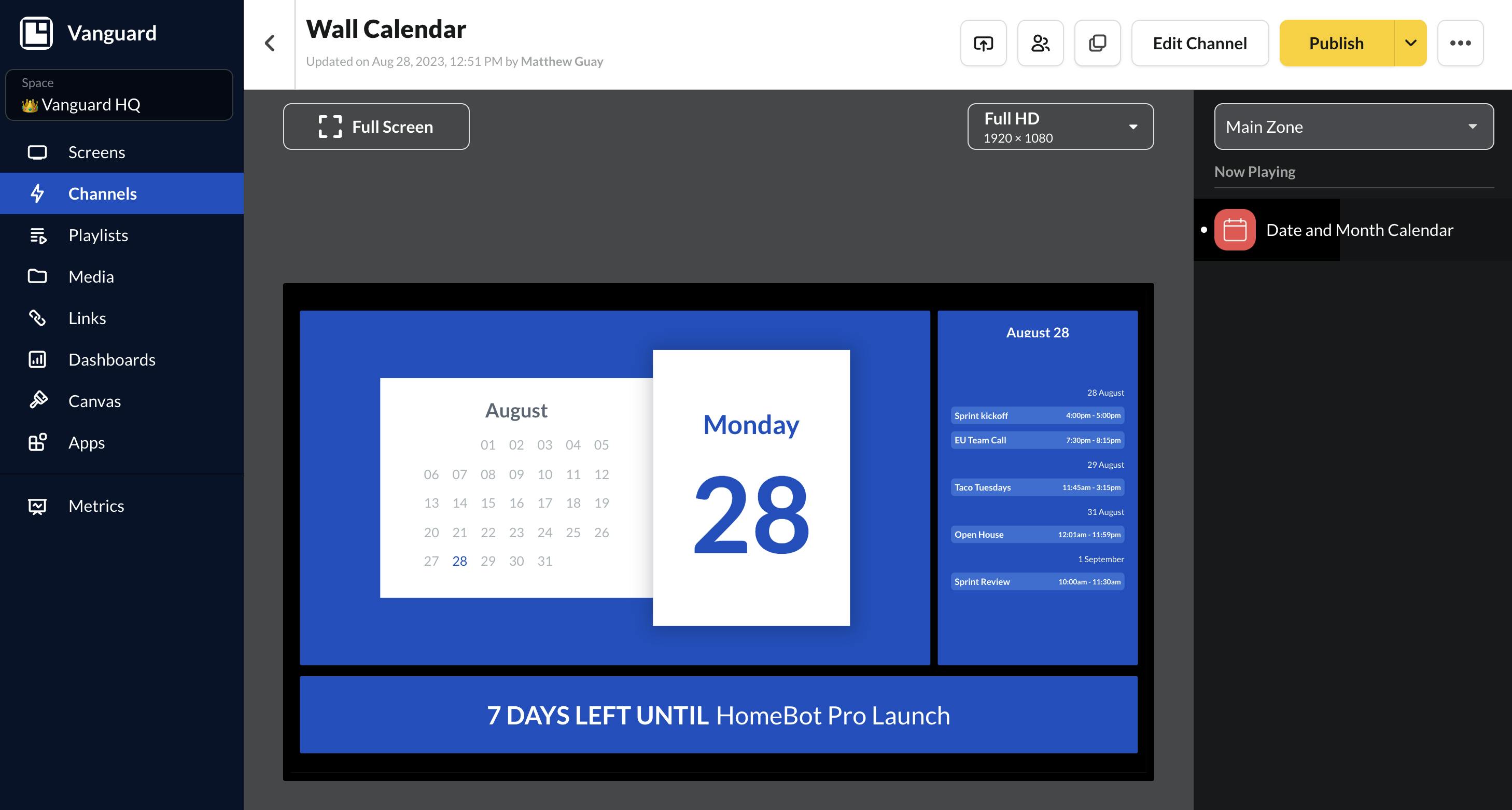 Google Calendar widget on ScreenCloud digital signage