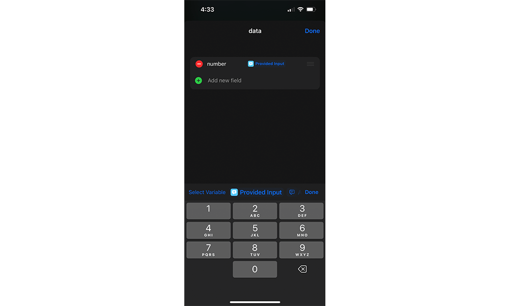 iOS Shortcuts add Data from provided input