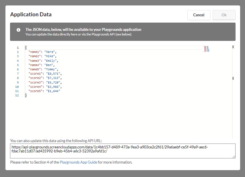 A screenshot of a basic list of variables in Playgrounds' Application Data panel
