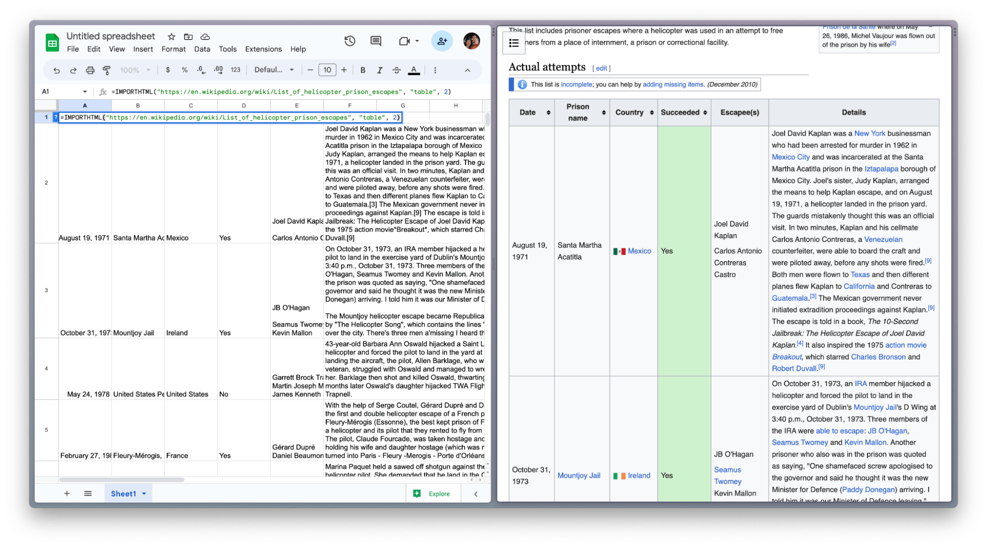 Scrape an HTML table with Google Sheets and the IMPORTHTML function