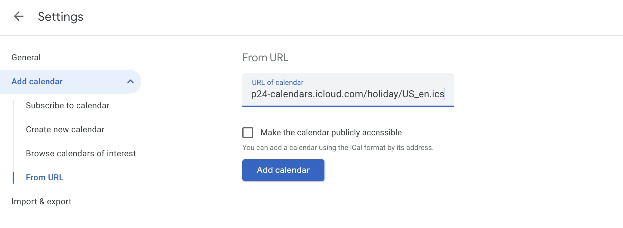 Import ics calendar file into Google Calendar