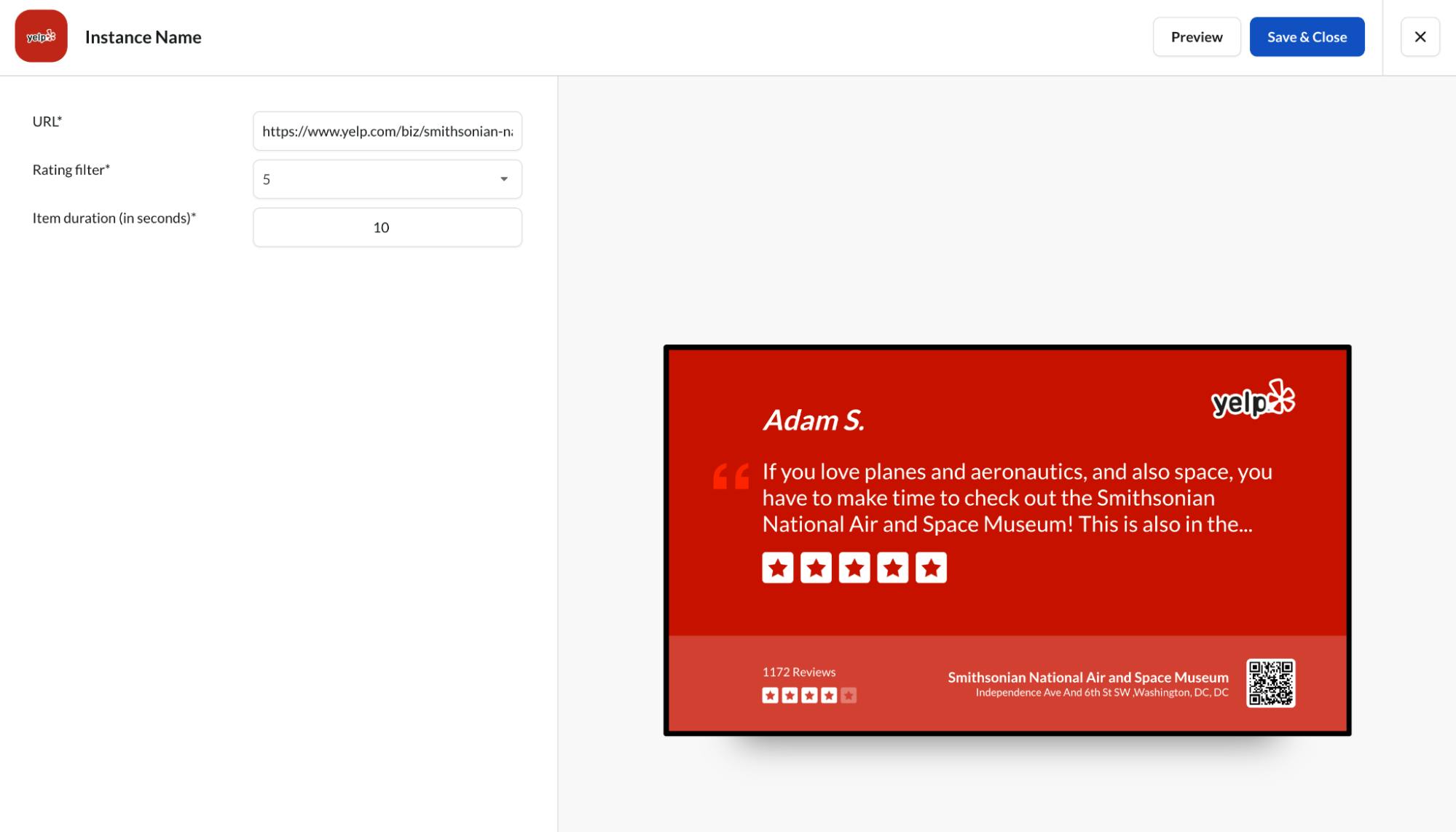 ScreenCloud's Yelp integration can show a store's most recent reviews