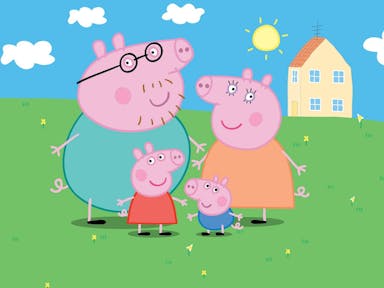 Bright animation of a family of pastel pink pigs, Daddy, Mummy, Peppa and George, standing on green field with a house in the background