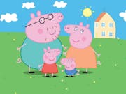 Bright animation of a family of pastel pink pigs, Daddy, Mummy, Peppa and George, standing on green field with a house in the background