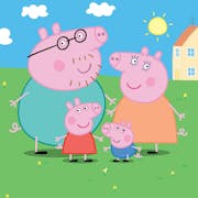 Bright animation of a family of pastel pink pigs, Daddy, Mummy, Peppa and George, standing on green field with a house in the background