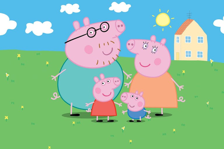 Bright animation of a family of pastel pink pigs, Daddy, Mummy, Peppa and George, standing on green field with a house in the background