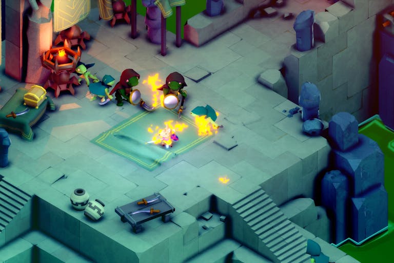 Video game scene of little turtles on a green platform, holding eggs