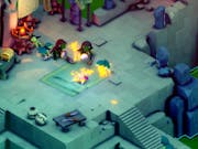 Video game scene of little turtles on a green platform, holding eggs