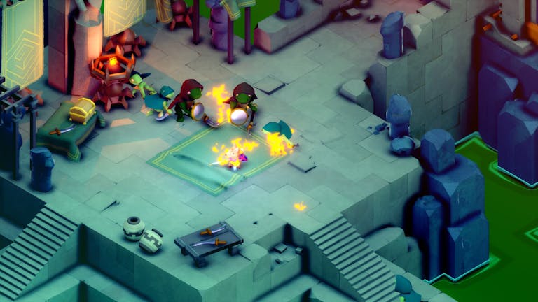 Video game scene of little turtles on a green platform, holding eggs