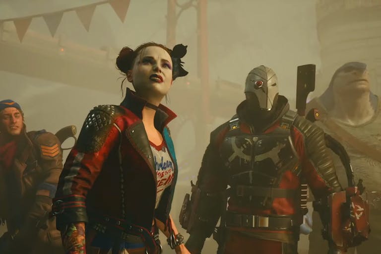 Gameplay of four superpower villains, a white man, a white woman with red and blue hair, a with long metal mask, and a mad with a shark head