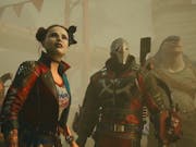 Gameplay of four superpower villains, a white man, a white woman with red and blue hair, a with long metal mask, and a mad with a shark head