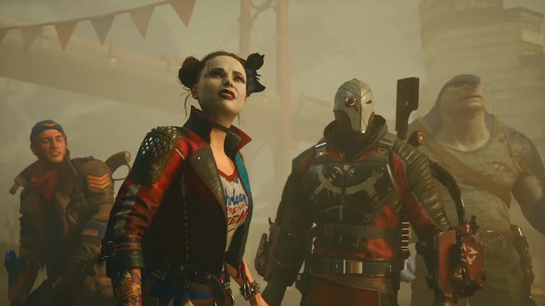 Gameplay of four superpower villains, a white man, a white woman with red and blue hair, a with long metal mask, and a mad with a shark head