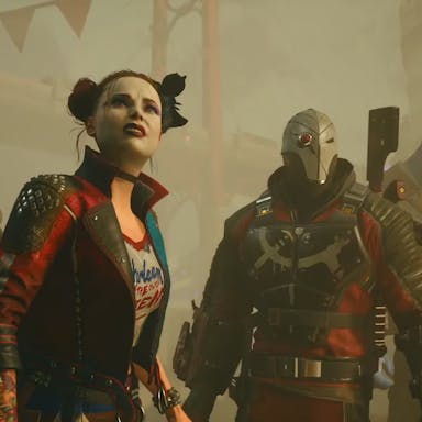 Gameplay of four superpower villains, a white man, a white woman with red and blue hair, a with long metal mask, and a mad with a shark head