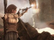 Gameplay of a female character in steampunk clothing holding an old style rifle up, pointing and shooting, in a cave-type place facing a grand stone building