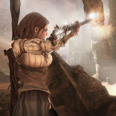 Gameplay of a female character in steampunk clothing holding an old style rifle up, pointing and shooting, in a cave-type place facing a grand stone building