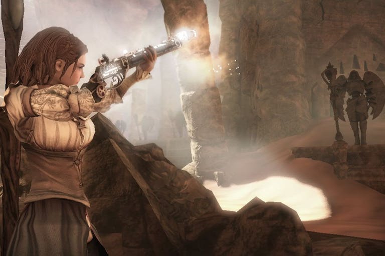 Gameplay of a female character in steampunk clothing holding an old style rifle up, pointing and shooting, in a cave-type place facing a grand stone building