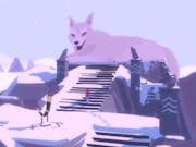 Video game scene of a snowy landscape with a giant wolf sitting at the top of an outdoor staircase.