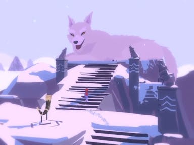 Video game scene of a snowy landscape with a giant wolf sitting at the top of an outdoor staircase. 