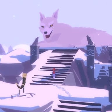 Video game scene of a snowy landscape with a giant wolf sitting at the top of an outdoor staircase. 